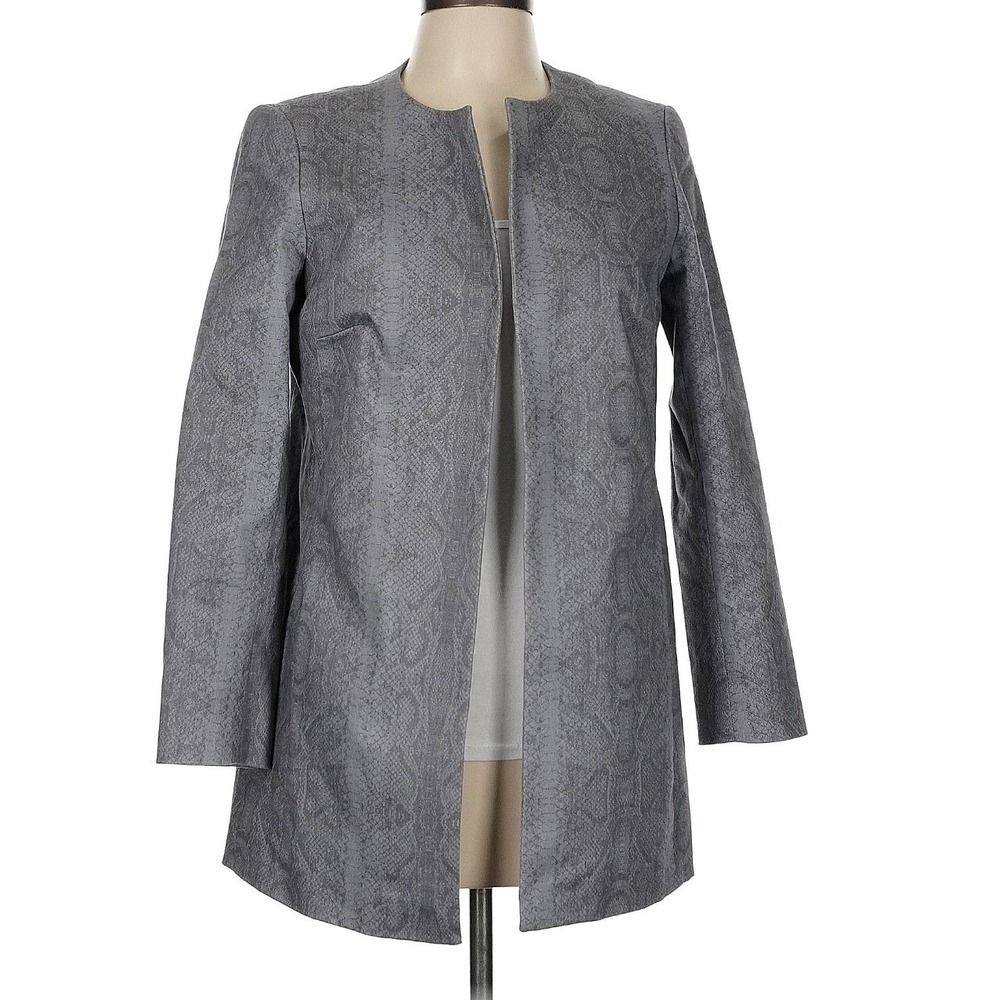 Lafayette 148 Snake Print Jacket 6 Open Front Gray‎ Minimalist Collarless Chic